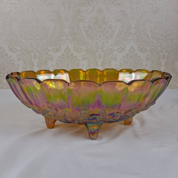 Indiana Glass Amber Carnival Glass Oval Footed Fruit Bowl Embossed Vintage - Picture 1 of 11